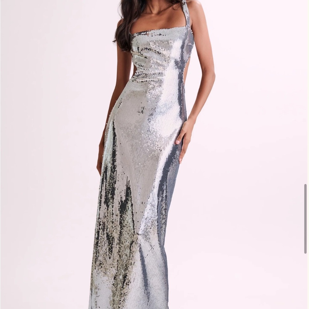 Adoria Elegant Silver Sequin Evening Gown